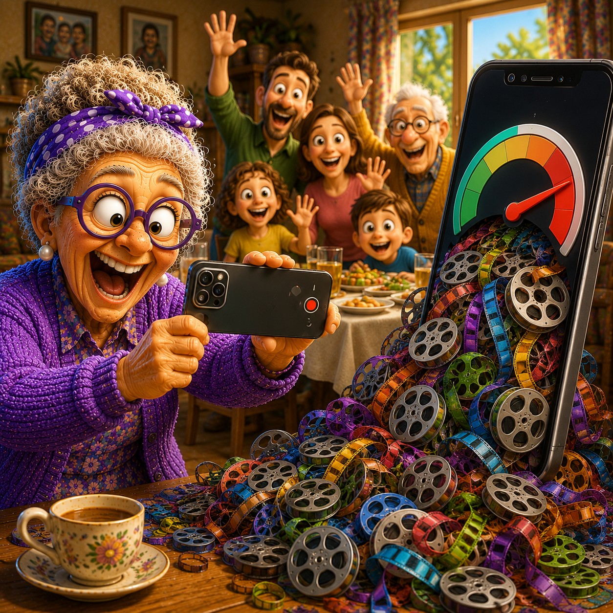 Playful cartoon illustration of a senior woman recording a family gathering while an enormous pile of film reels overwhelms a phone’s storage meter, showing how quickly video recordings can fill a device.