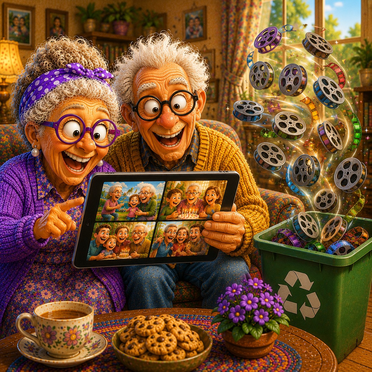 Wacky cartoon illustration of a cheerful senior couple watching family videos on a tablet while colorful film reels overflow into a recycling bin, representing how videos consume large amounts of storage.