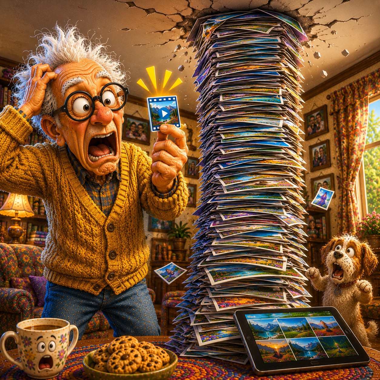 Humorous cartoon illustration of a shocked senior man holding a single video while a gigantic tower of photos reaches the ceiling, visually comparing the much larger storage size of videos with photos.