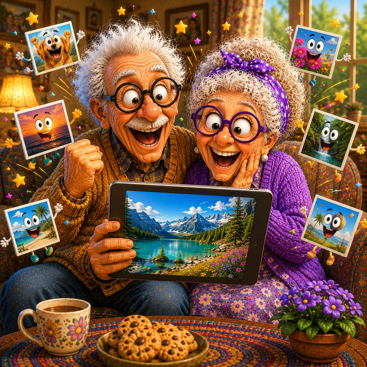 Cheerful cartoon illustration of a senior couple enjoying bright, sharp photos on a tablet while happy photo characters float around them, representing clear, high-quality images. Cheerful cartoon illustration of a senior couple enjoying bright, sharp photos on a tablet while happy photo characters float around them, representing clear, high-quality images.