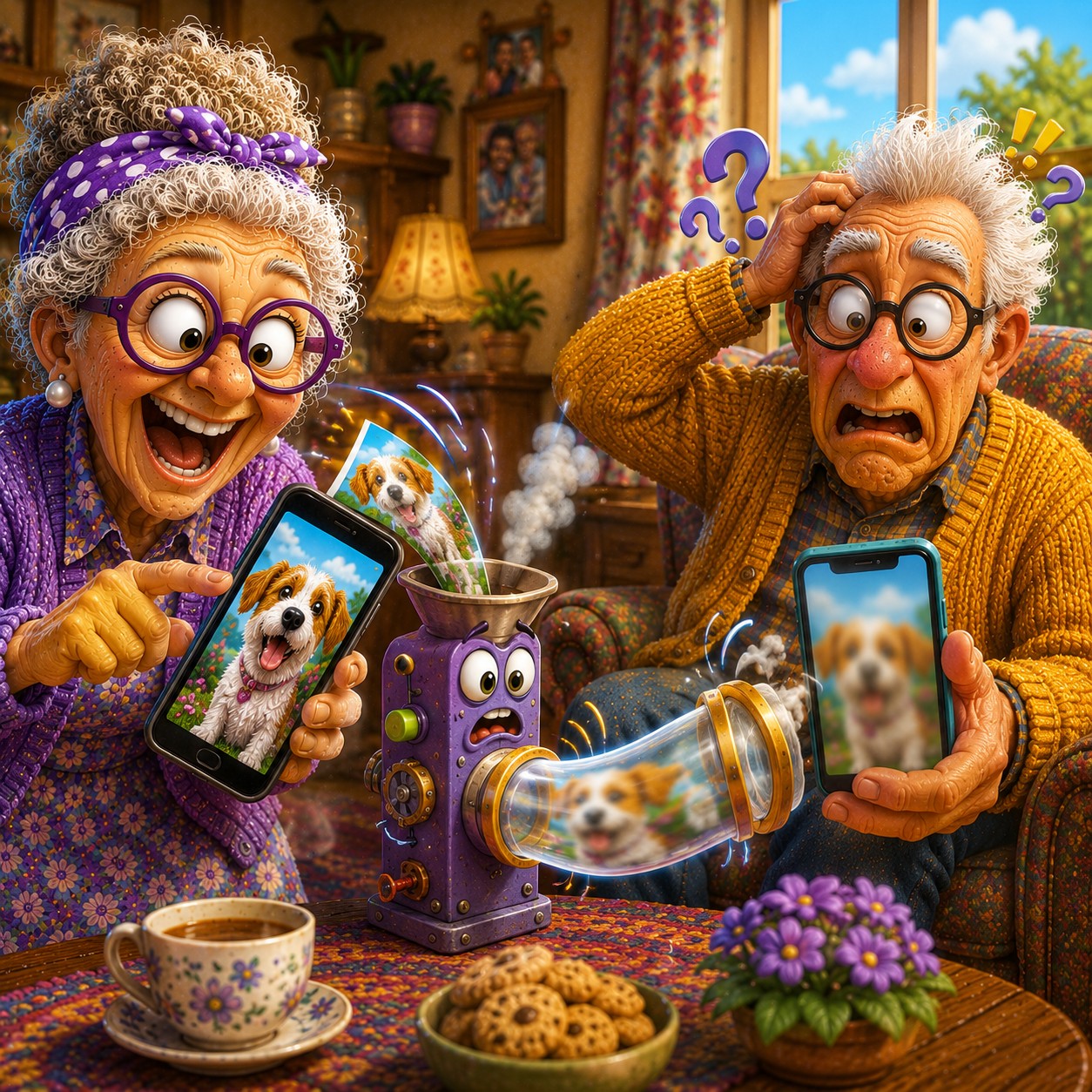 Wacky cartoon illustration of a senior couple comparing the same dog photo on two phones while a funny compression machine turns a sharp picture into a blurry one, representing how messaging apps can compress photos. Wacky cartoon illustration of a senior couple comparing the same dog photo on two phones while a funny compression machine turns a sharp picture into a blurry one, representing how messaging apps can compress photos.