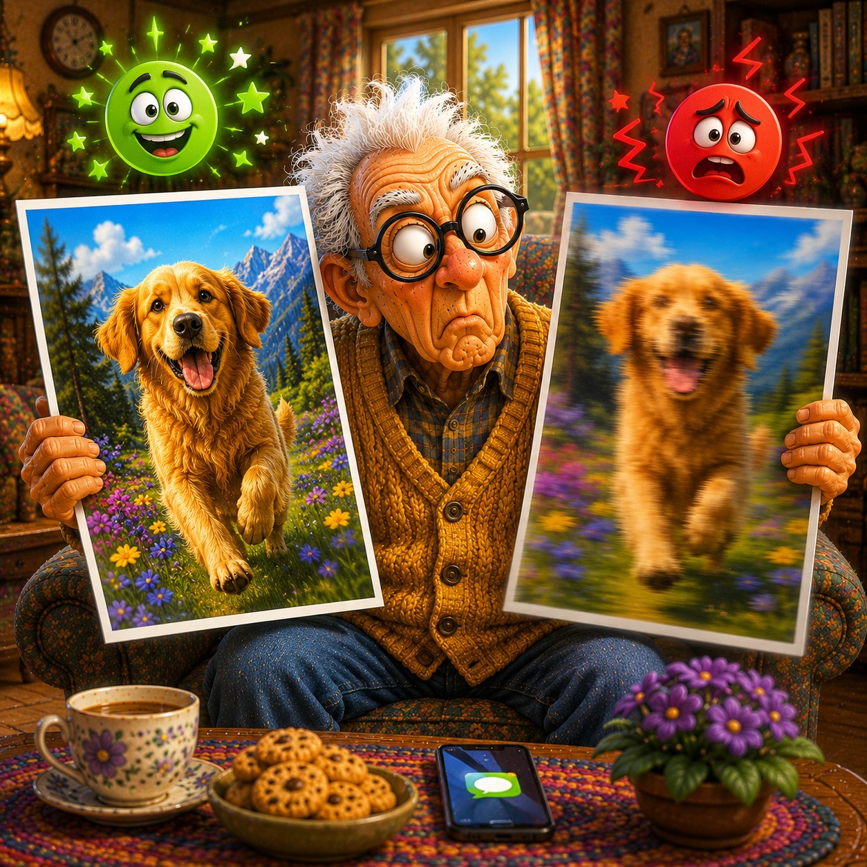 Humorous cartoon illustration of a puzzled senior man comparing a crisp photo of his dog with a blurry version after sending it, showing how image quality can change during sharing. Humorous cartoon illustration of a puzzled senior man comparing a crisp photo of his dog with a blurry version after sending it, showing how image quality can change during sharing.