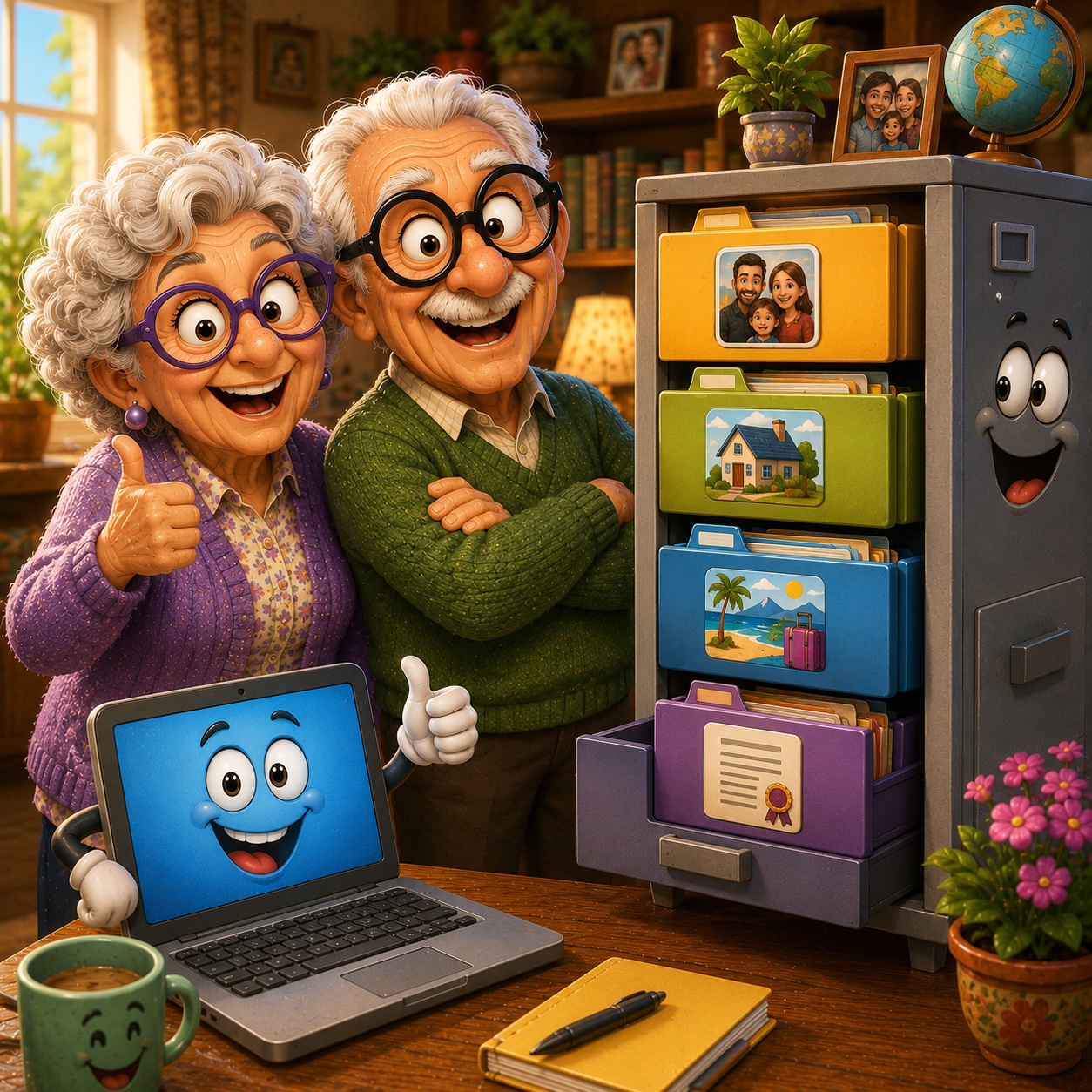 Cheerful cartoon illustration of a senior couple proudly standing beside a neatly organized digital filing cabinet with separate folders for family photos, home documents, travel, and important records, representing a simple system for saving important files.