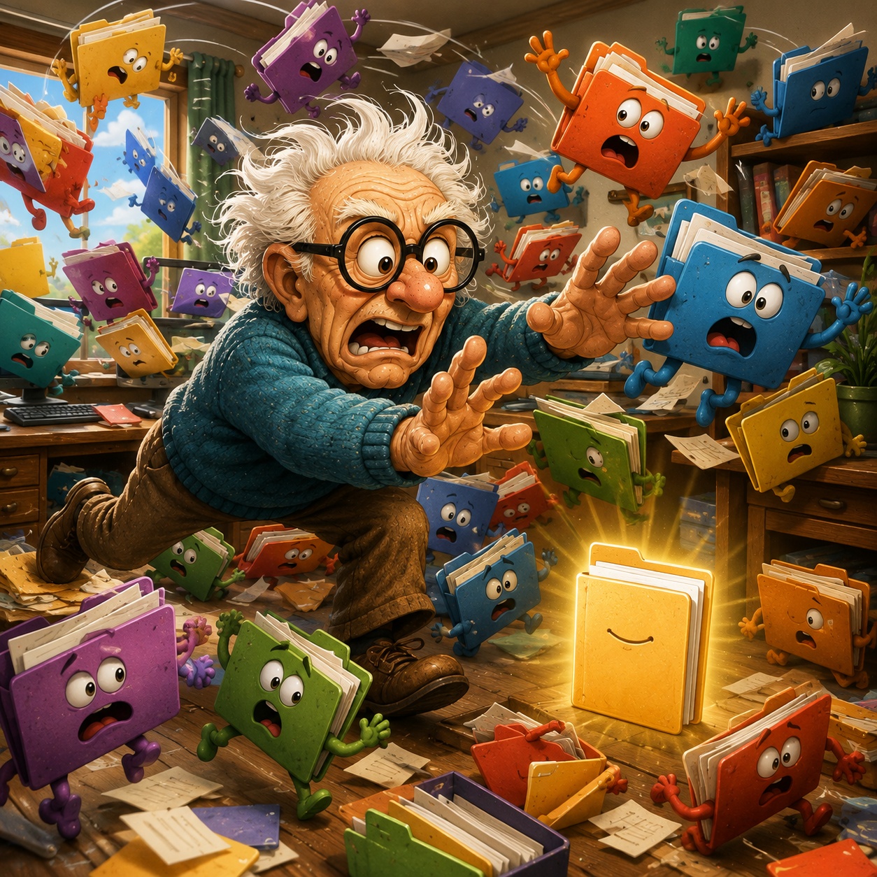 Wacky cartoon illustration of an overwhelmed senior man surrounded by dozens of colorful, mischievous digital folders flying chaotically around his home office, while one neatly organized folder glows nearby.