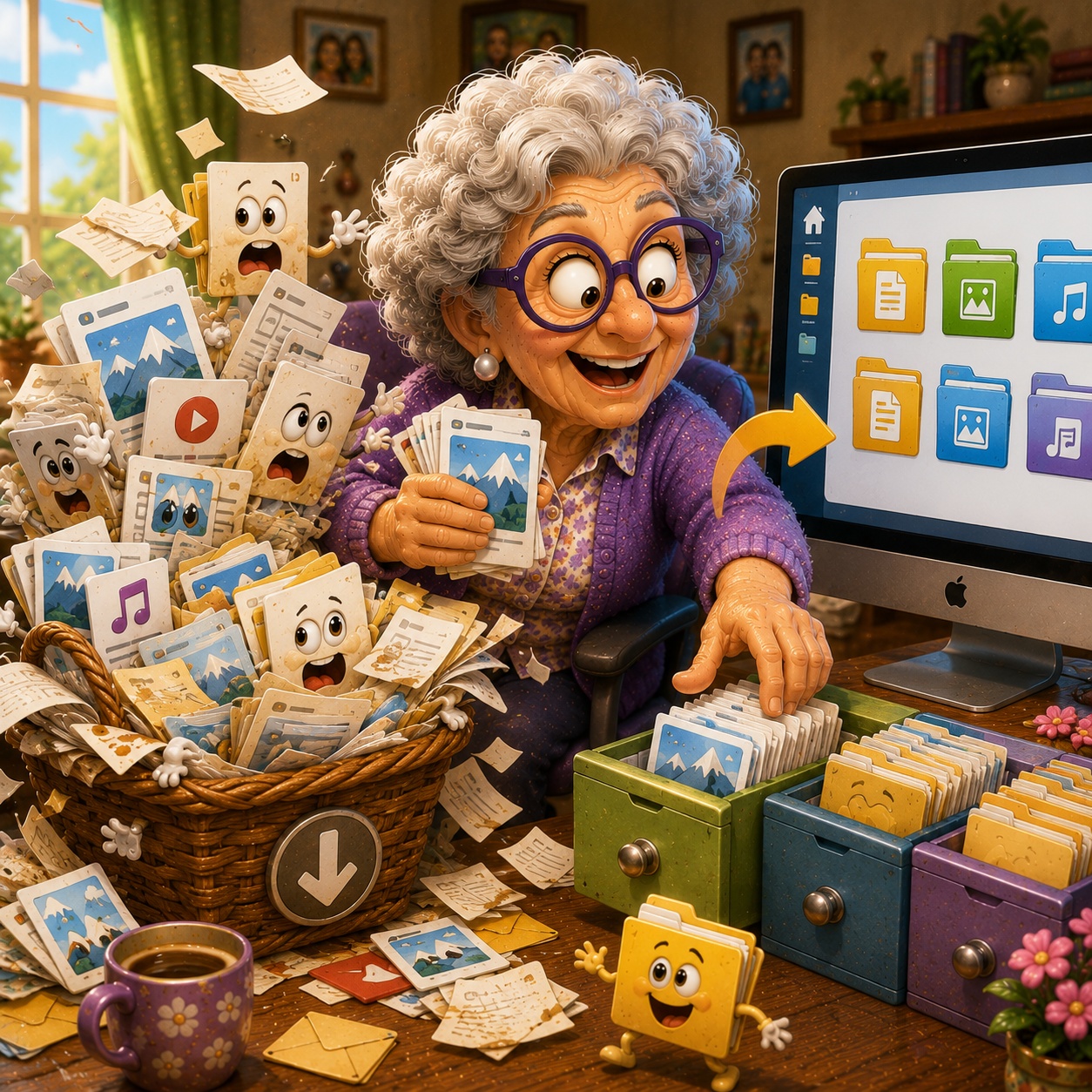 Humorous cartoon illustration of a senior woman sorting a huge messy pile of digital documents, photos, and files into clearly organized folders on her computer, showing how simple organization makes files easier to find.