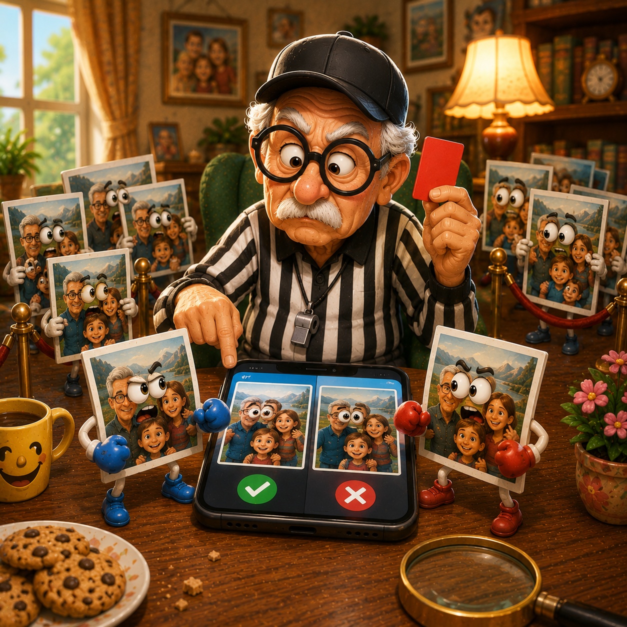 Wacky cartoon illustration of a senior woman acting like a referee between nearly identical family photos, trying to decide which duplicate to keep and which to delete. Wacky cartoon illustration of a senior woman acting like a referee between nearly identical family photos, trying to decide which duplicate to keep and which to delete.