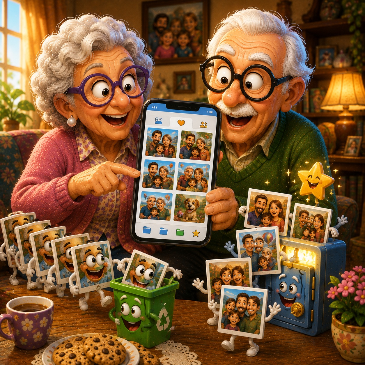 Cheerful cartoon illustration of a senior couple organizing their phone’s photo library, keeping favorite family pictures while duplicate copies happily march into a recycling bin. Cheerful cartoon illustration of a senior couple organizing their phone’s photo library, keeping favorite family pictures while duplicate copies happily march into a recycling bin.