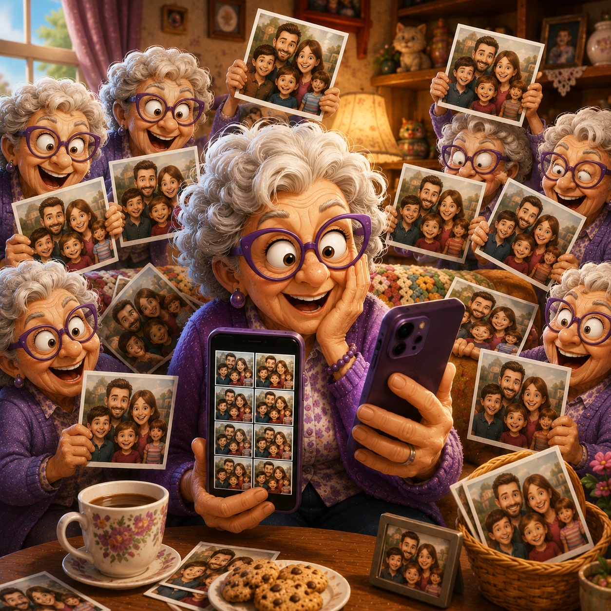 Humorous exaggerated cartoon illustration of a senior woman surrounded by an absurd number of identical family photos multiplying everywhere, showing how duplicate photos can quickly clutter a phone. Humorous exaggerated cartoon illustration of a senior woman surrounded by an absurd number of identical family photos multiplying everywhere, showing how duplicate photos can quickly clutter a phone.