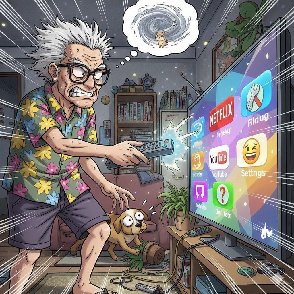 Humorous cartoon illustration of a confused senior man navigating an overwhelming Smart TV home screen filled with apps, settings, and streaming choices while his startled dog watches nearby. Humorous cartoon illustration of a confused senior man navigating an overwhelming Smart TV home screen filled with apps, settings, and streaming choices while his startled dog watches nearby.