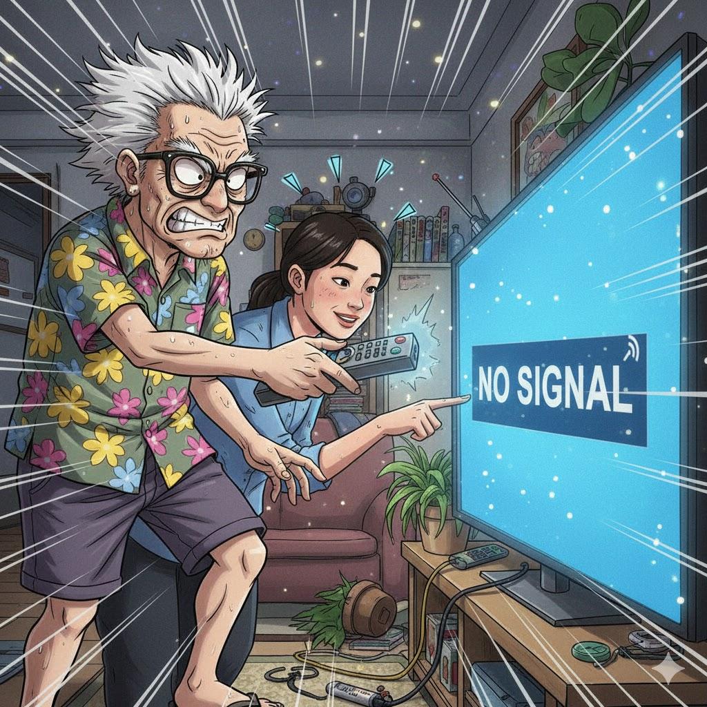 Wacky cartoon illustration of a frustrated senior man pointing a remote at a Smart TV showing a large “No Signal” message, while a younger family member calmly helps him figure out the correct input or connection. Wacky cartoon illustration of a frustrated senior man pointing a remote at a Smart TV showing a large “No Signal” message, while a younger family member calmly helps him figure out the correct input or connection.