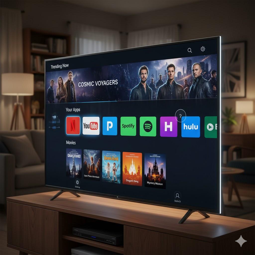 Simple illustration of a Smart TV home screen displaying streaming apps and entertainment choices, representing how movies, shows, and other content can all be accessed from one place. Simple illustration of a Smart TV home screen displaying streaming apps and entertainment choices, representing how movies, shows, and other content can all be accessed from one place.
