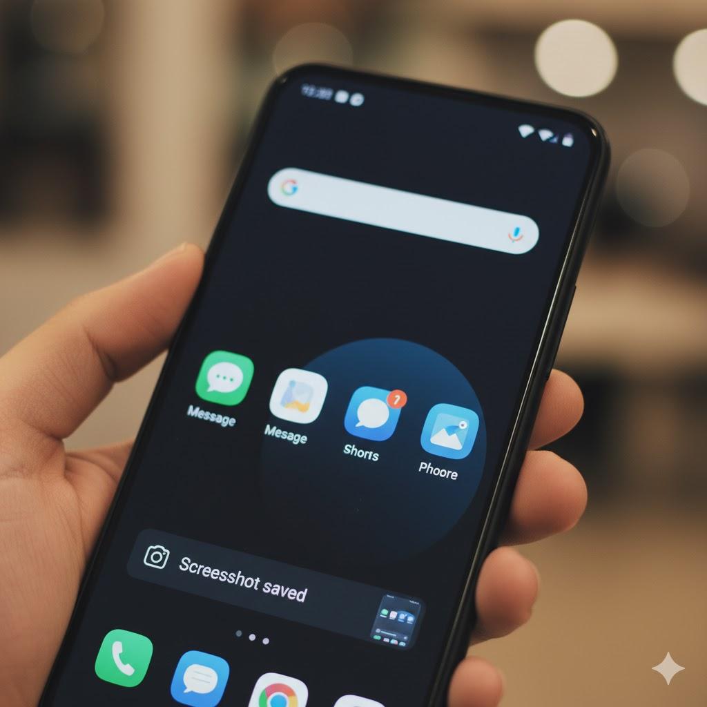 Close-up illustration of a smartphone immediately after taking a screenshot, with the saved screenshot preview appearing on the screen, showing how quickly something useful can be captured.