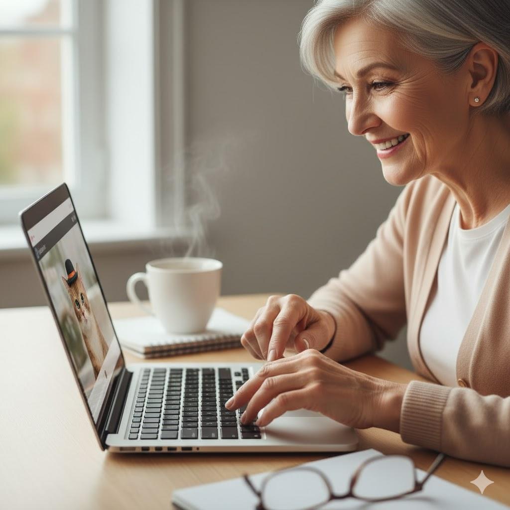 Friendly illustration of a senior woman using her laptop and happily saving something useful she found online, showing how screenshots can help keep important information for later.