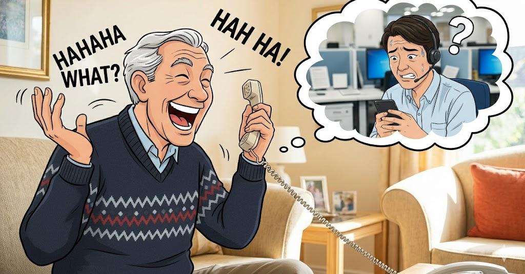 Senior man happily talking on the phone while the person on the other end struggles to hear him, humorously illustrating a one-sided microphone problem.