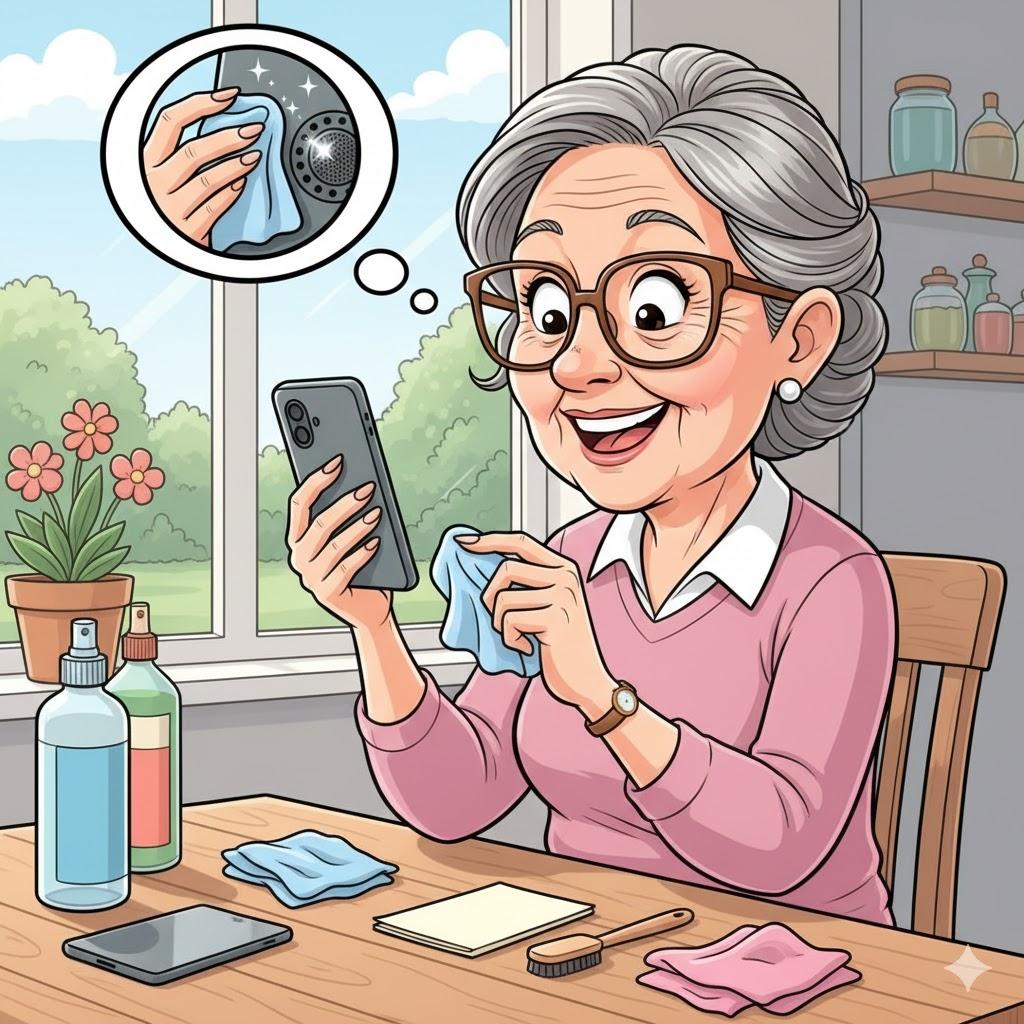 Cheerful senior woman gently cleaning the microphone area of her smartphone, showing a simple fix when dust or debris is blocking the mic.