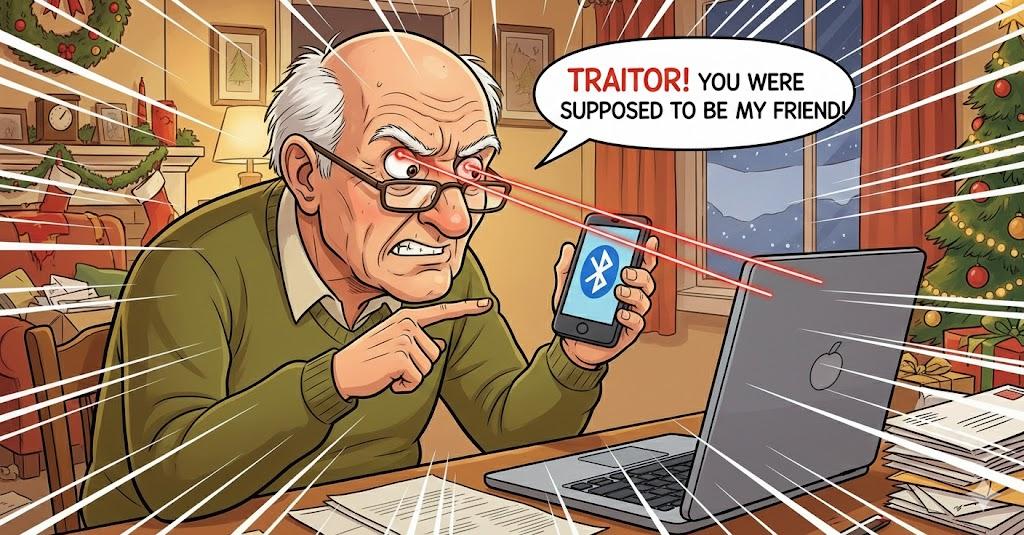 Frustrated senior man holding up his smartphone during a call after Bluetooth unexpectedly connects to another device, humorously showing why the other person suddenly can’t hear him.