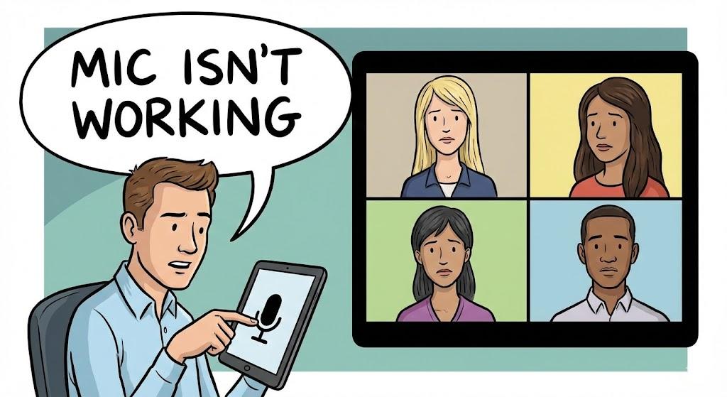 Man on a video call discovering that his microphone isn’t working, with the other participants waiting while he checks the microphone controls.