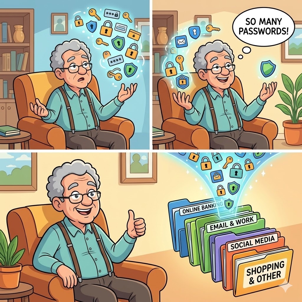Senior man feeling overwhelmed by dozens of passwords for banking, email, social media, and shopping, then becoming relieved as they are neatly organized into manageable groups.