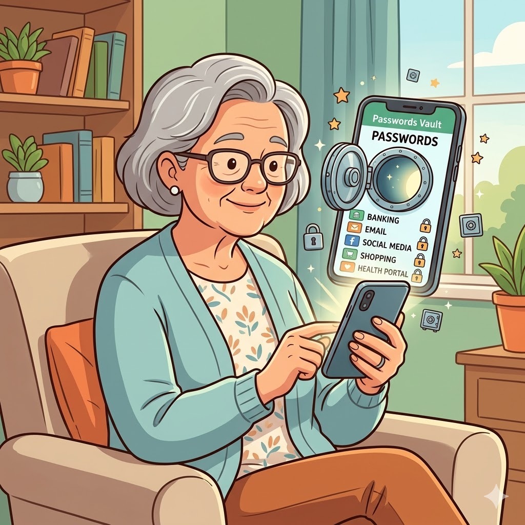 Senior woman confidently using a password manager on her smartphone, with her different account passwords safely stored together in one secure digital vault.