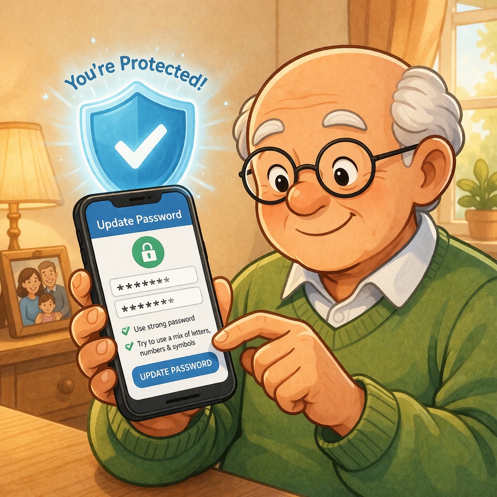 Senior man calmly updating his password to something stronger, with a security shield showing that his account is protected after taking action.