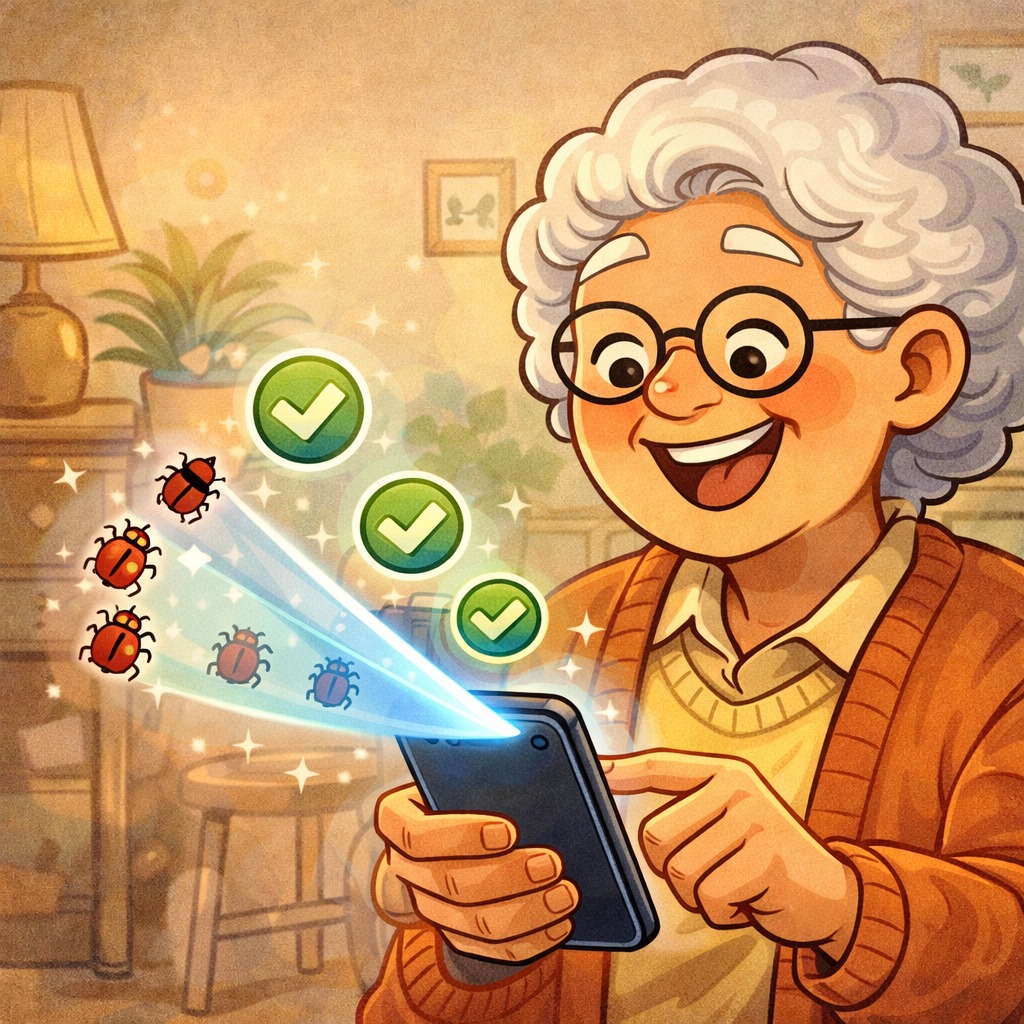 Senior woman checking her smartphone as suspicious bugs are blocked and green check marks appear, illustrating the importance of checking and securing a device after a suspected scam.