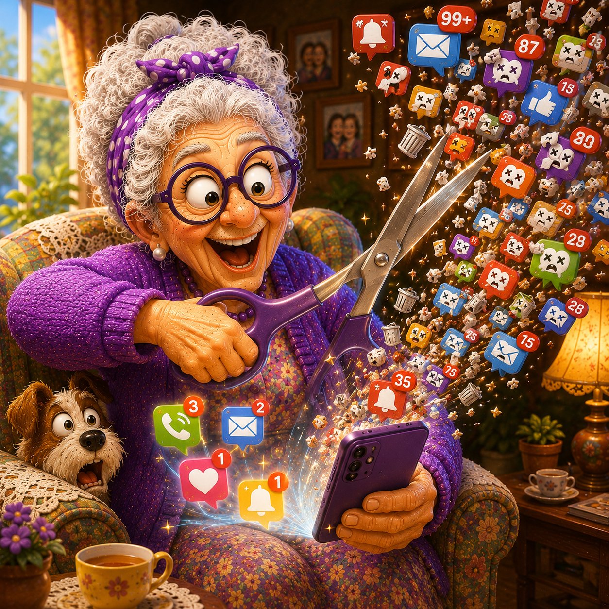 Senior woman humorously cutting through a flood of unwanted smartphone notifications to regain control of her alerts. Senior woman humorously cutting through a flood of unwanted smartphone notifications to regain control of her alerts.
