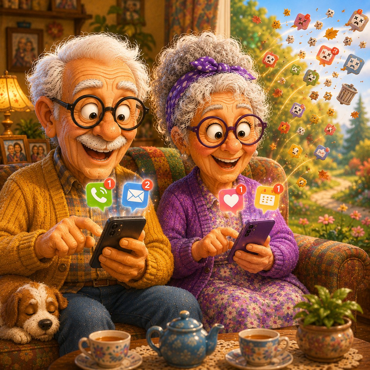 Senior couple happily using their smartphones after reducing unnecessary notifications, leaving only the alerts that matter. Senior couple happily using their smartphones after reducing unnecessary notifications, leaving only the alerts that matter.