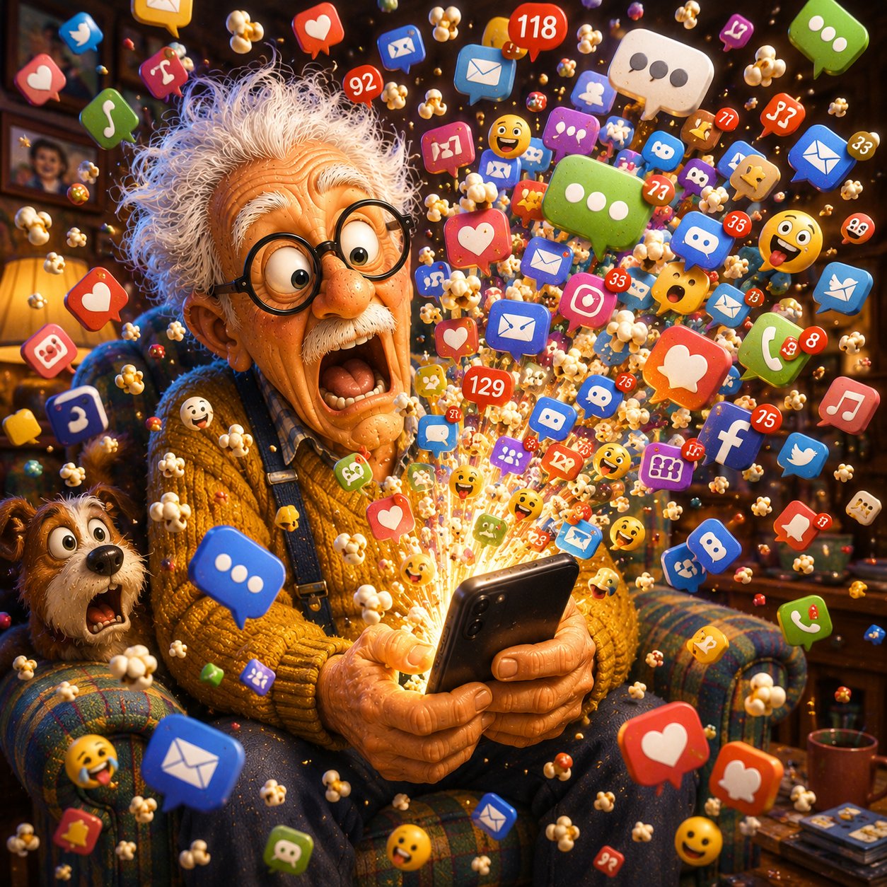 Senior man overwhelmed by a huge burst of smartphone notifications, messages, alerts, and app updates competing for his attention. Senior man overwhelmed by a huge burst of smartphone notifications, messages, alerts, and app updates competing for his attention.