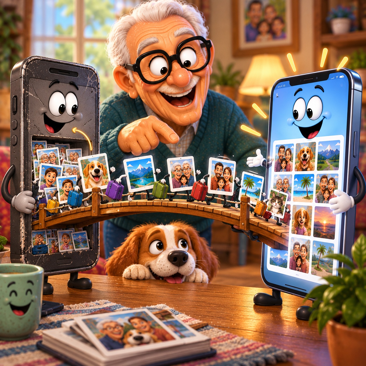 Senior man watching family photos safely transfer from his old smartphone to his new phone.