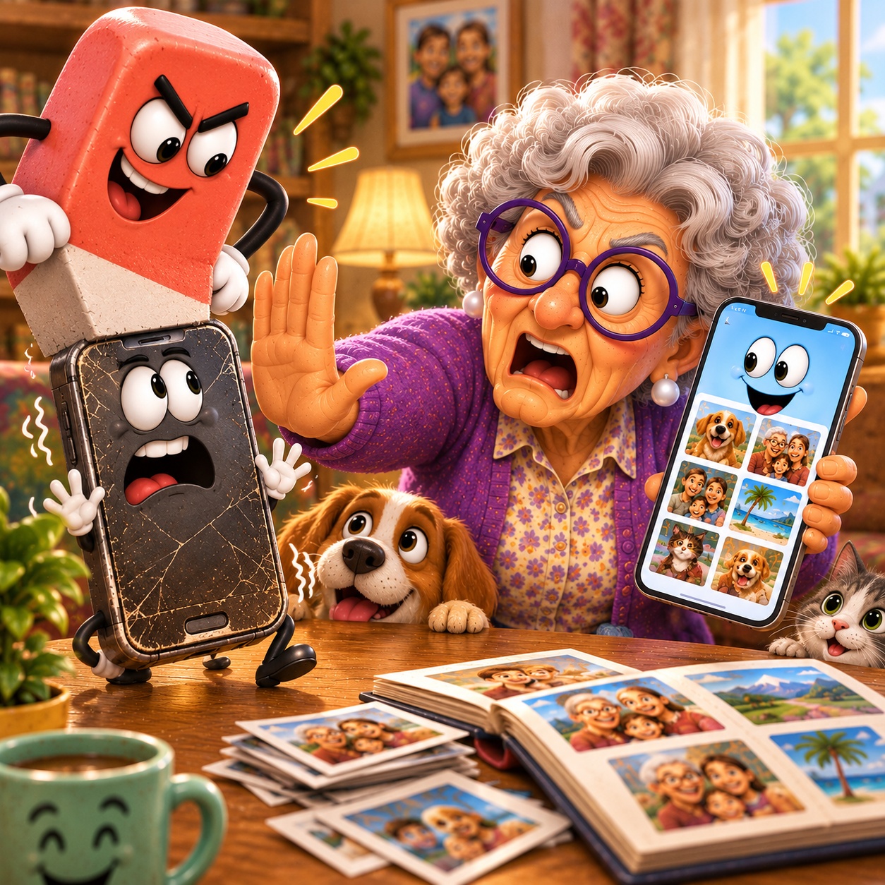 Senior woman worried about losing treasured photos while moving from an old, worn-out phone to a new smartphone.