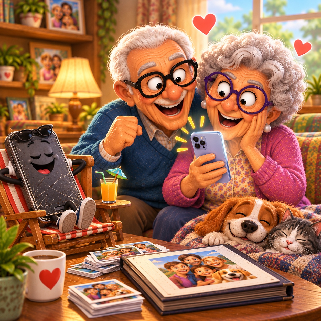 Senior couple happily viewing their family photos on a new phone after successfully transferring their memories from the old device.