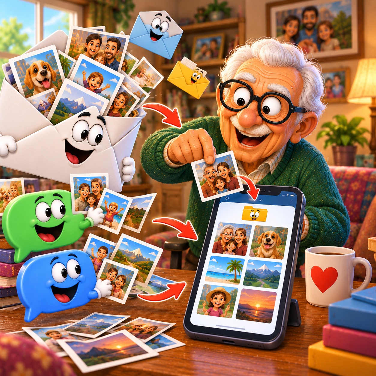 Senior man happily gathering photos from email and messages into one organized photo library on his tablet.