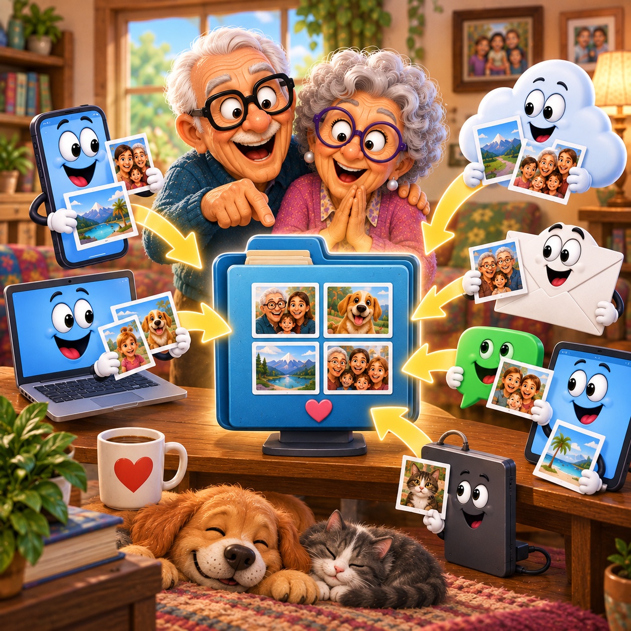 Senior couple discovering how photos from different devices, apps, and cloud storage can all be brought together in one organized place.