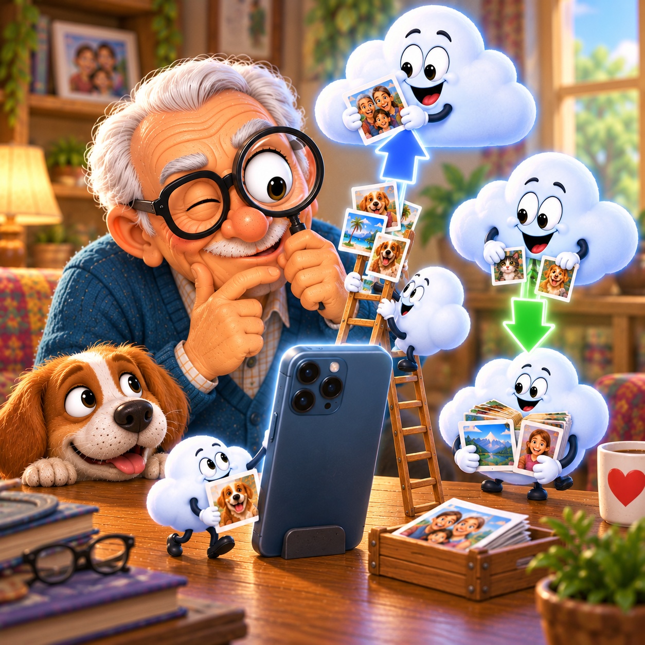 Senior man using a magnifying glass to investigate how photos move between his phone and different cloud storage locations.