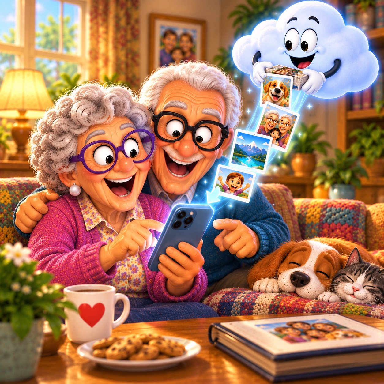 Senior couple watching their favorite family photos move from cloud storage back onto their phone.