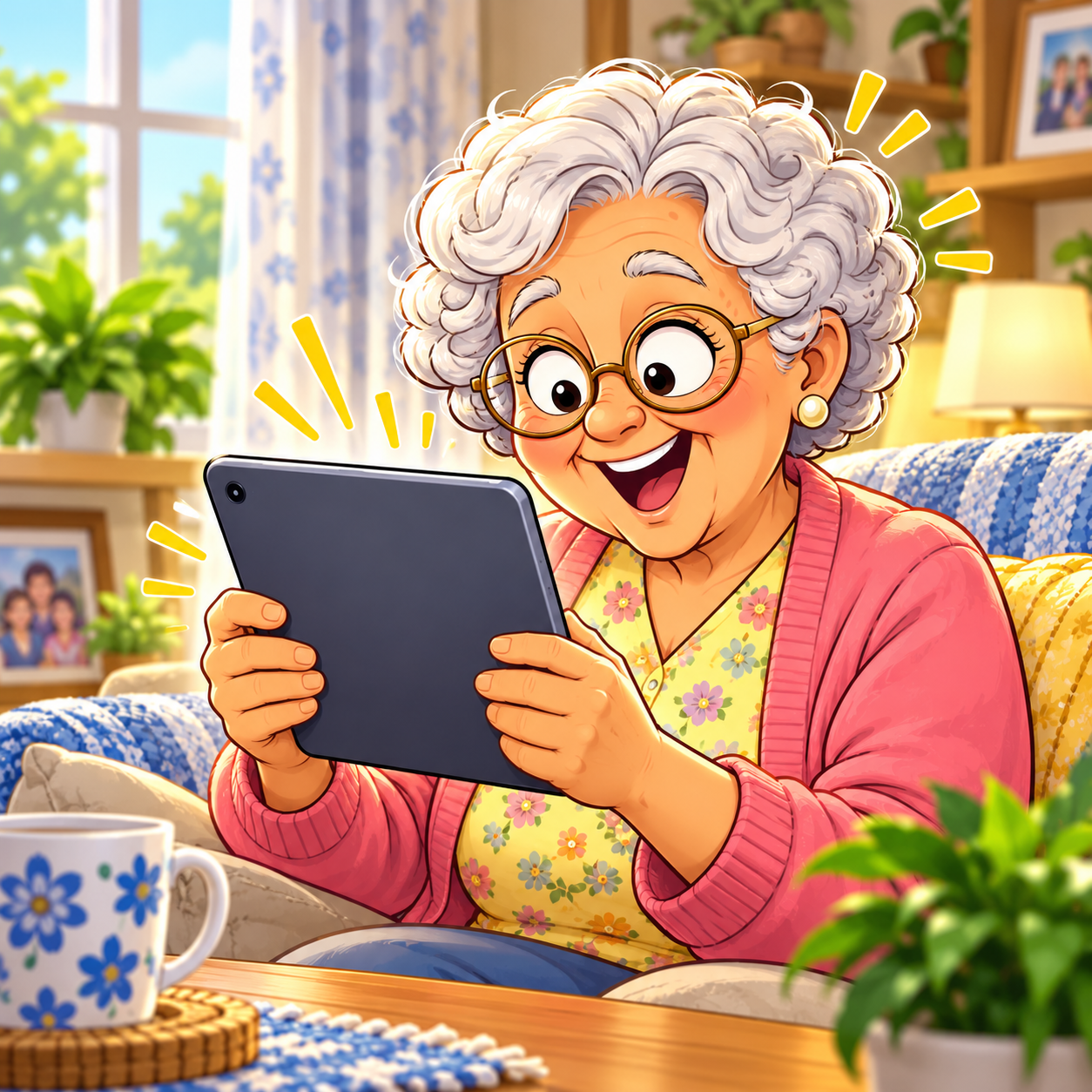 Senior woman happily using her tablet while it responds quickly and smoothly.