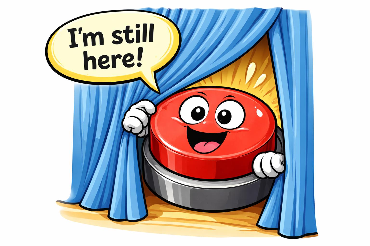 Cheerful red app button peeking through blue curtains with a speech bubble saying “I’m still here!”, representing an app that has moved but not disappeared.