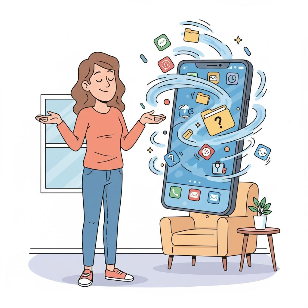 Woman shrugging beside a giant smartphone as app icons, folders, and settings swirl around, illustrating confusing app changes.