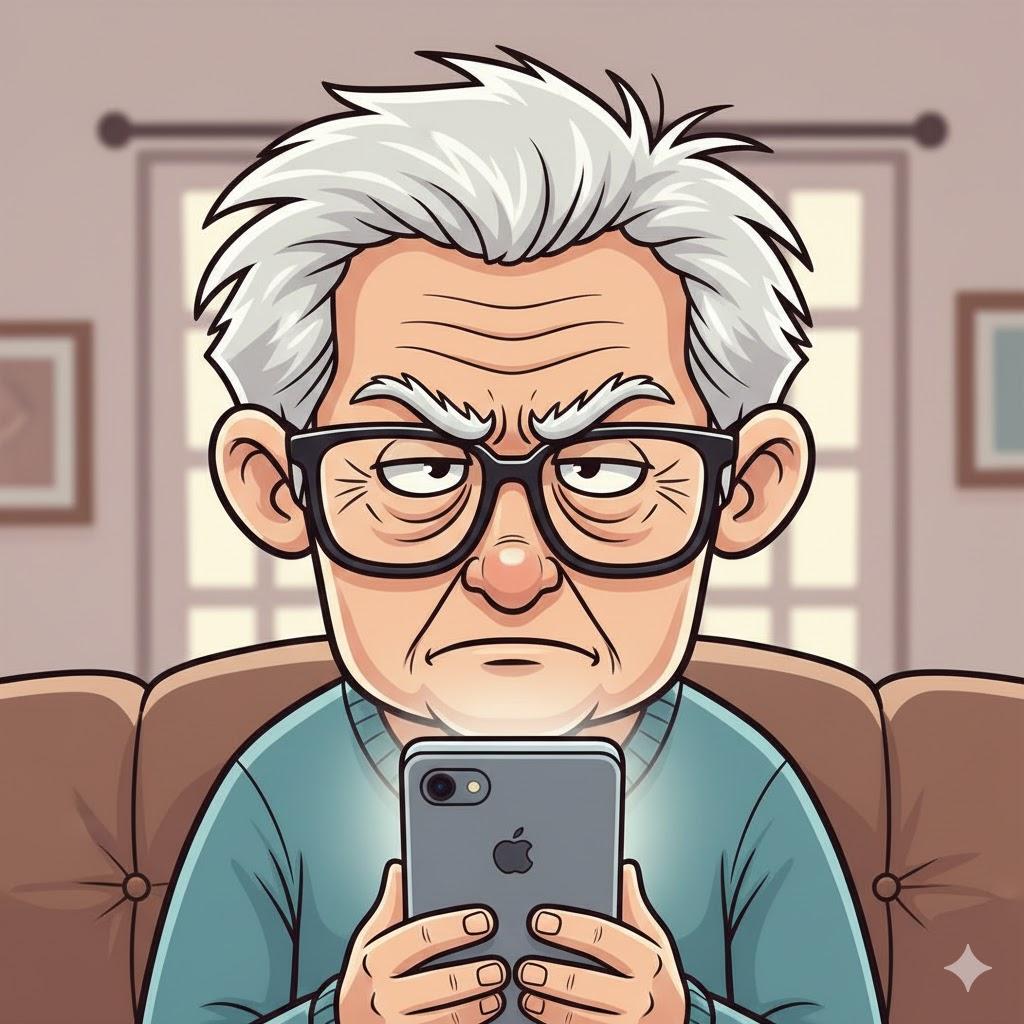 Frustrated senior man staring at his smartphone, confused by unexpected changes to his apps.