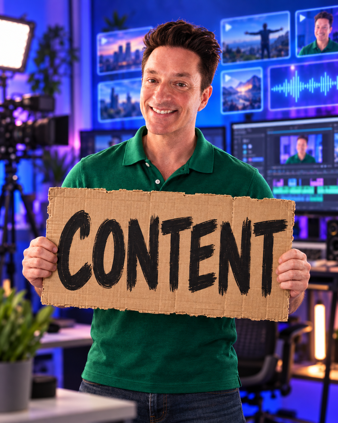 David Mills holding a handmade CONTENT sign