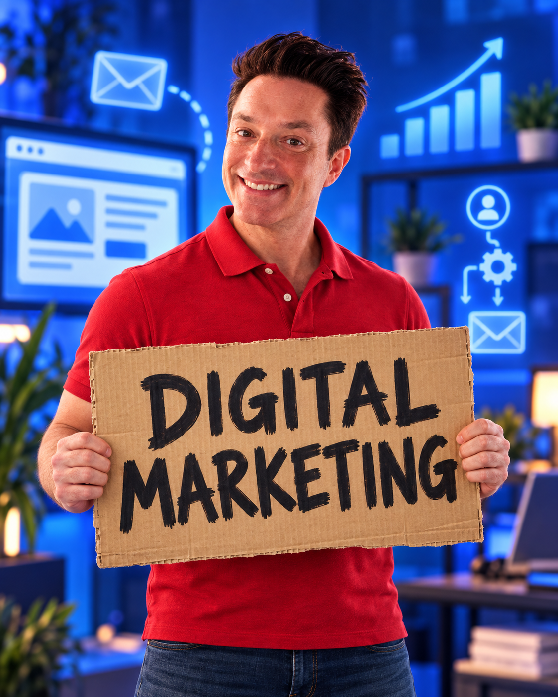 David Mills holding a handmade DIGITAL MARKETING sign