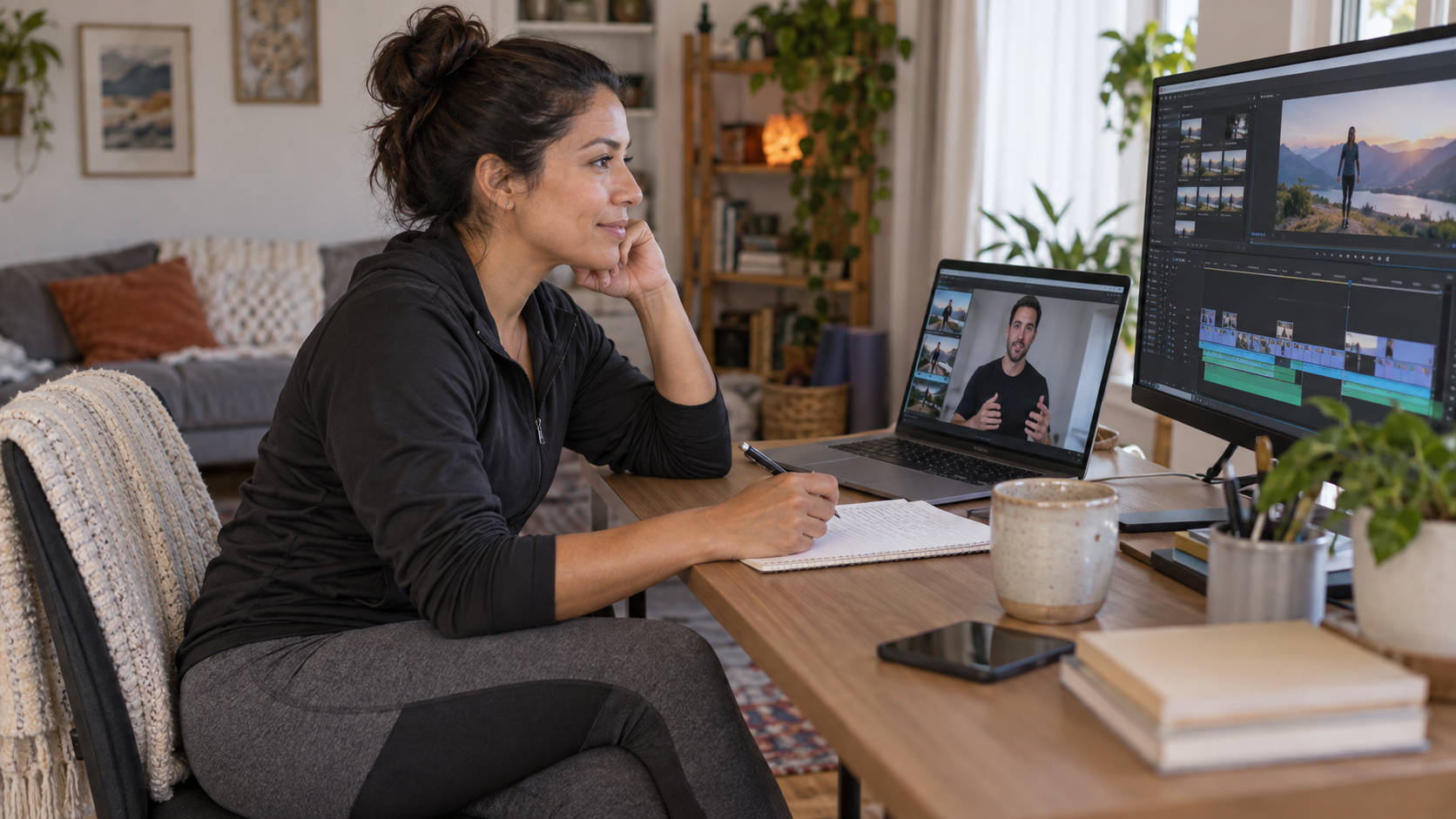 Adult Latina in casual sportswear watching a video editing lesson at home