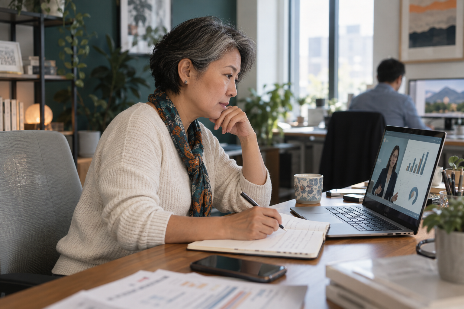Older professional watching a marketing lesson in an office