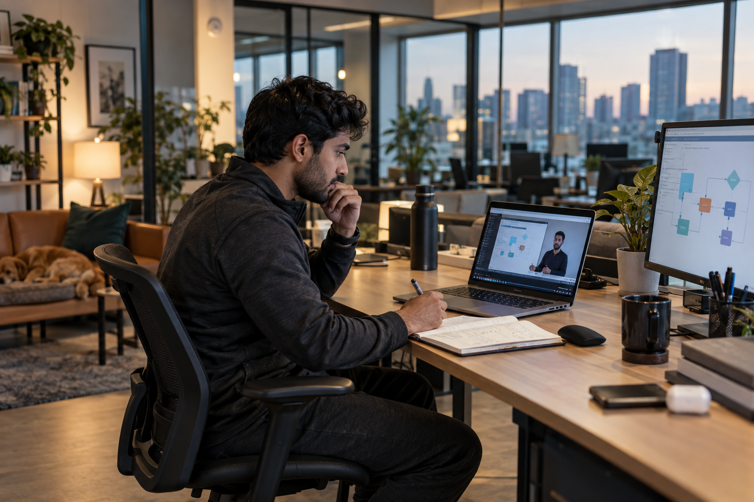 Young professional in athletic clothes watching an automation lesson at an office desk