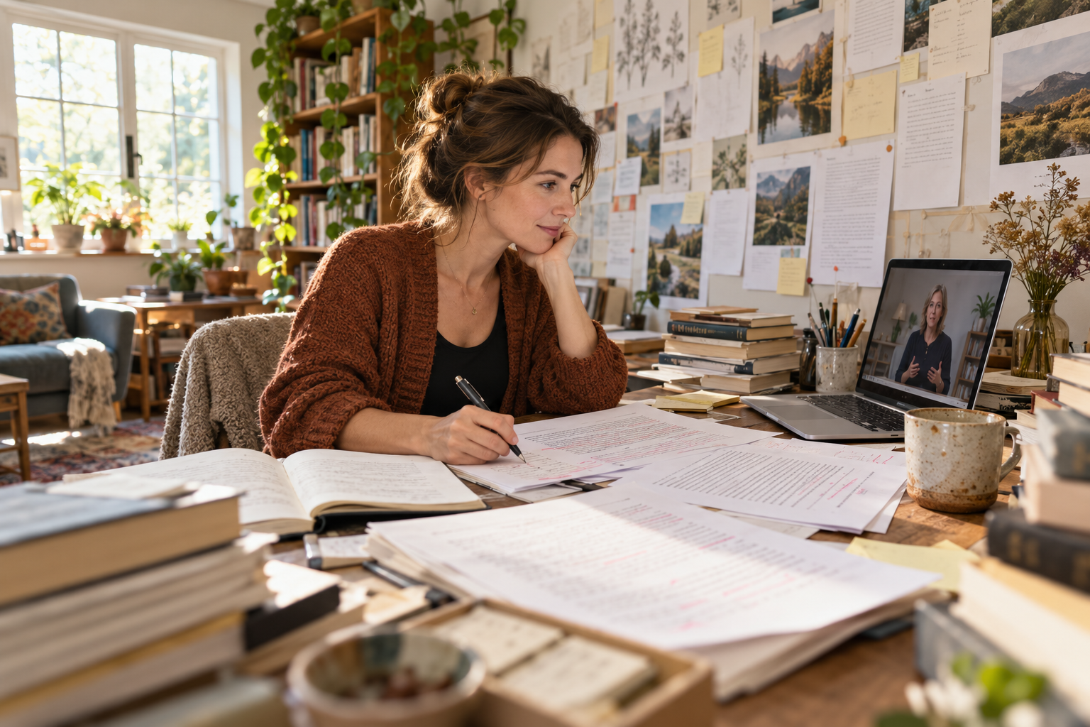 Younger author reviewing manuscript pages in a paper-filled writing room