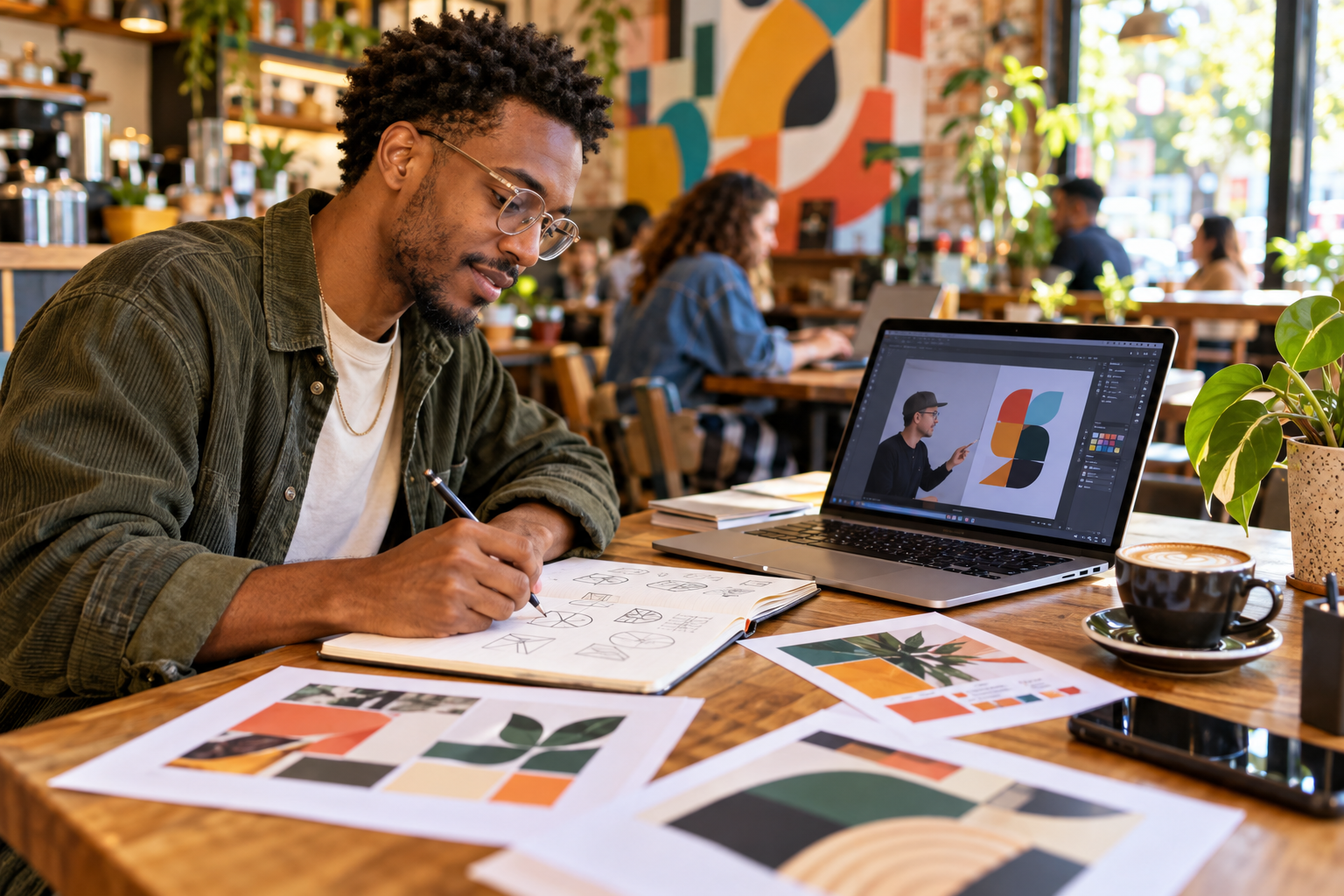 Younger graphic designer sketching while watching a lesson in a coffee shop