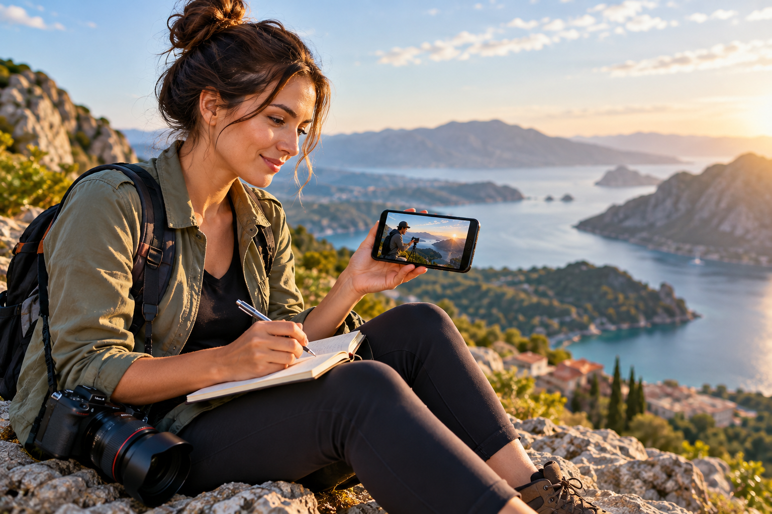 Millennial photographer reviewing a lesson on a phone at a sunny overlook