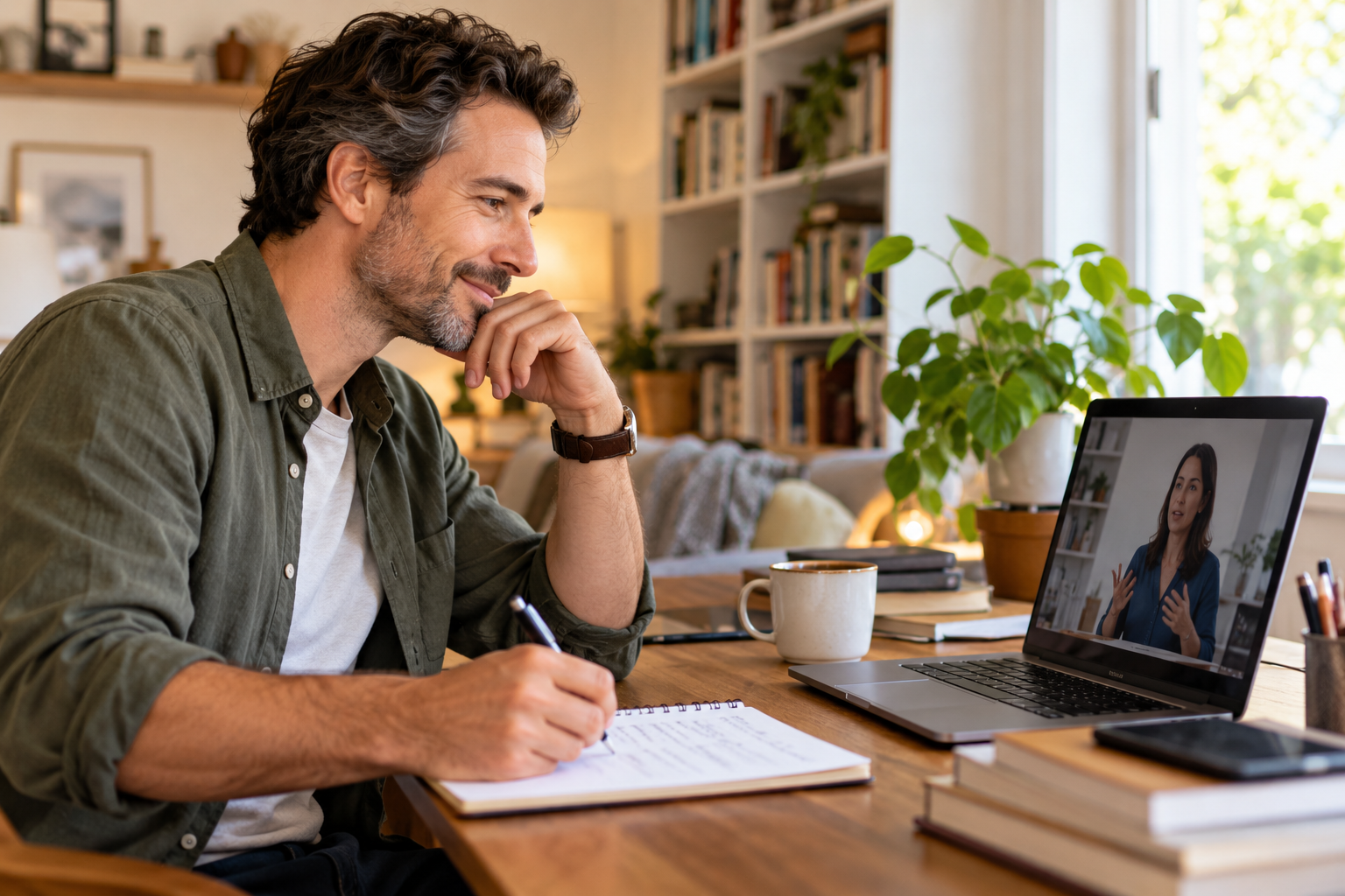White man in his mid-40s watching an AI lesson at a home desk