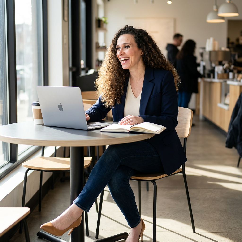 Flavie Berleand mid-conversation about a build, laptop and notebook open