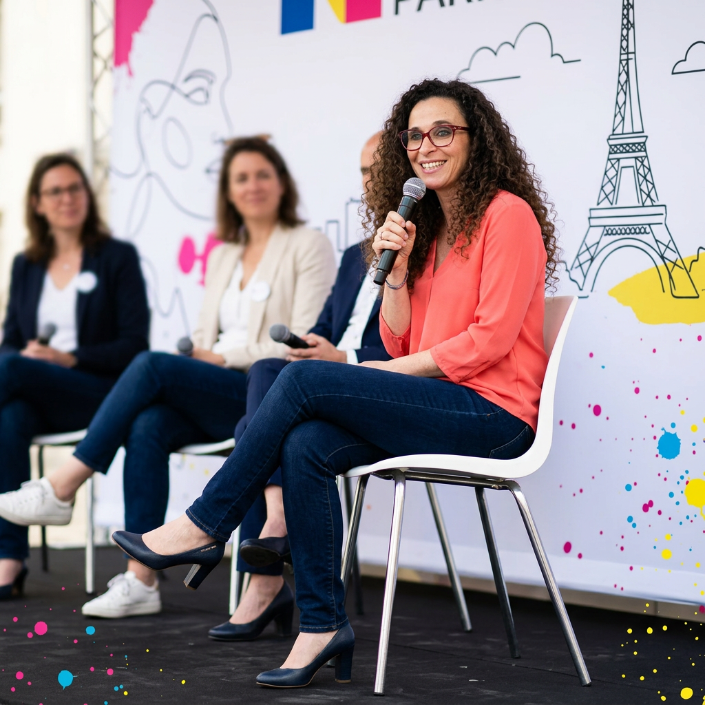 Flavie Berleand speaking on a panel, microphone in hand